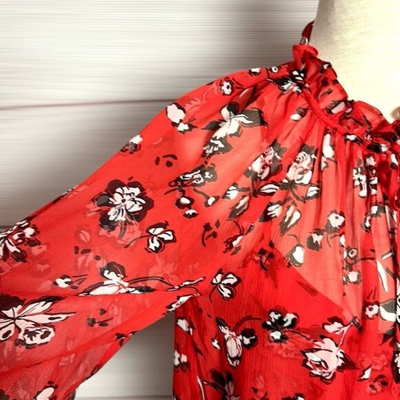 NWOT Veronica Beard Silk Blouse Red Floral Ruffle Trim Long Sleeve Top US 8 - Picture 6 of 16